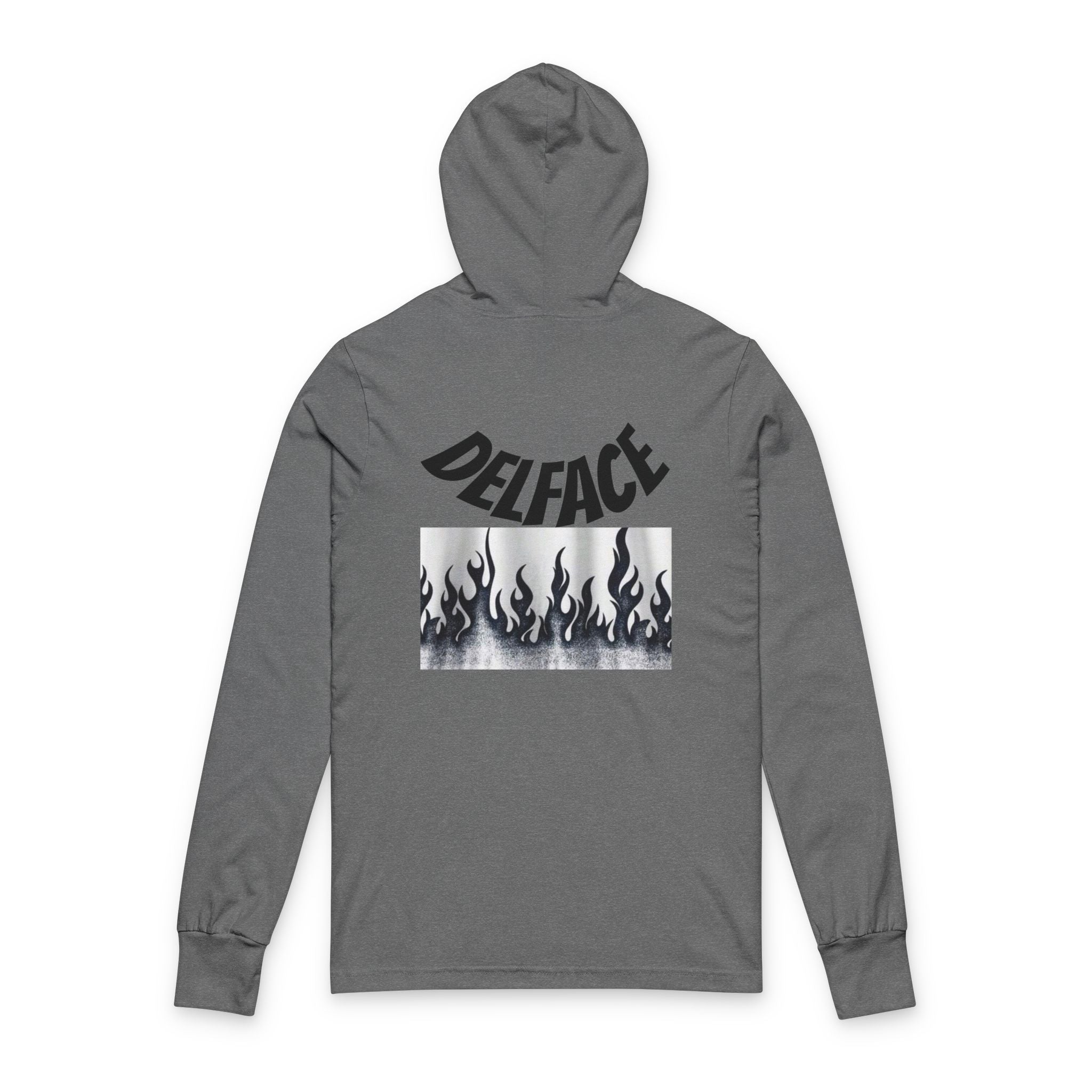 Chic Unisex DELFACE Hooded Tee - Trendy Graphic Long Sleeve, Casual Streetwear, Everyday Comfort, Unique Gift, Perfect for Festivals