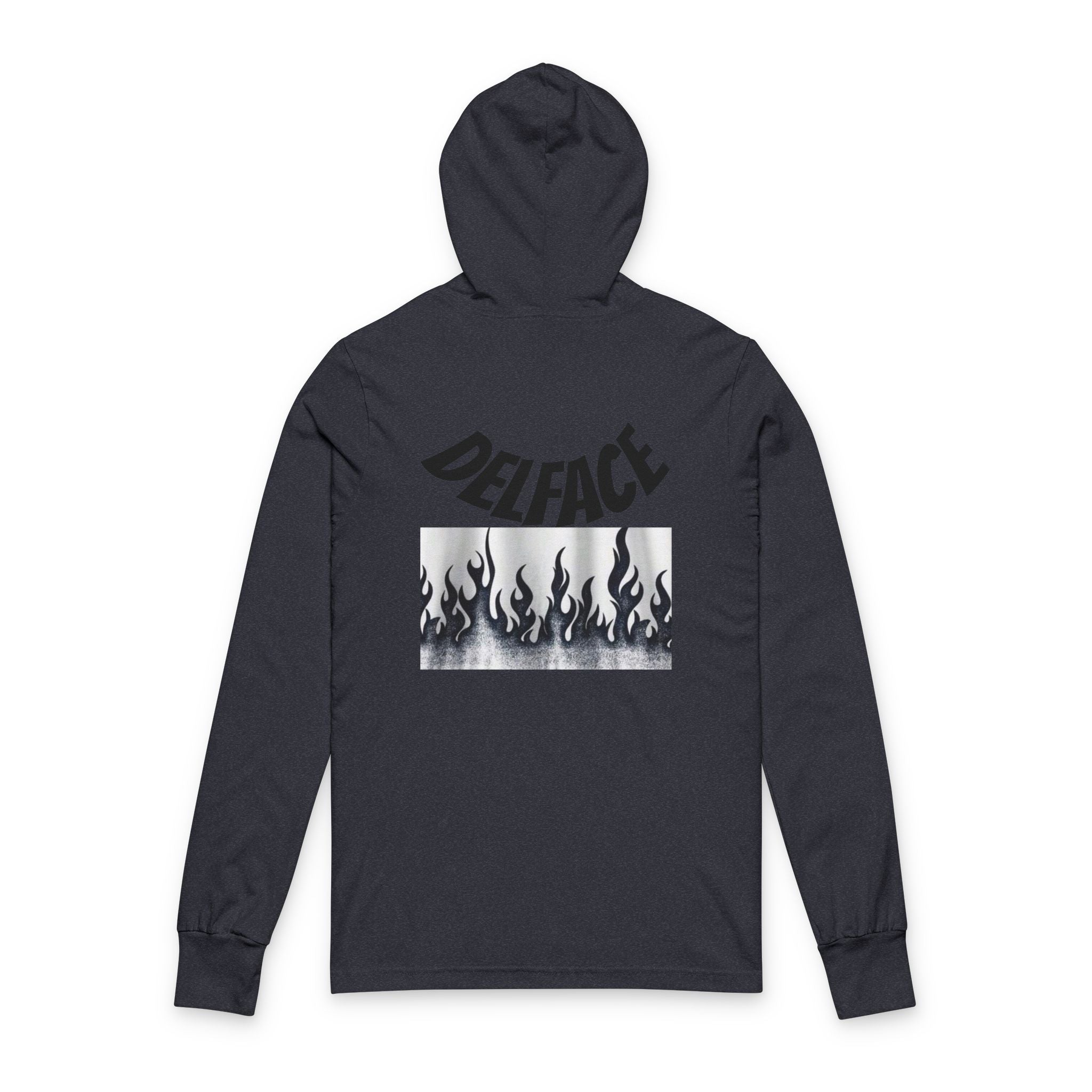 Chic Unisex DELFACE Hooded Tee - Trendy Graphic Long Sleeve, Casual Streetwear, Everyday Comfort, Unique Gift, Perfect for Festivals