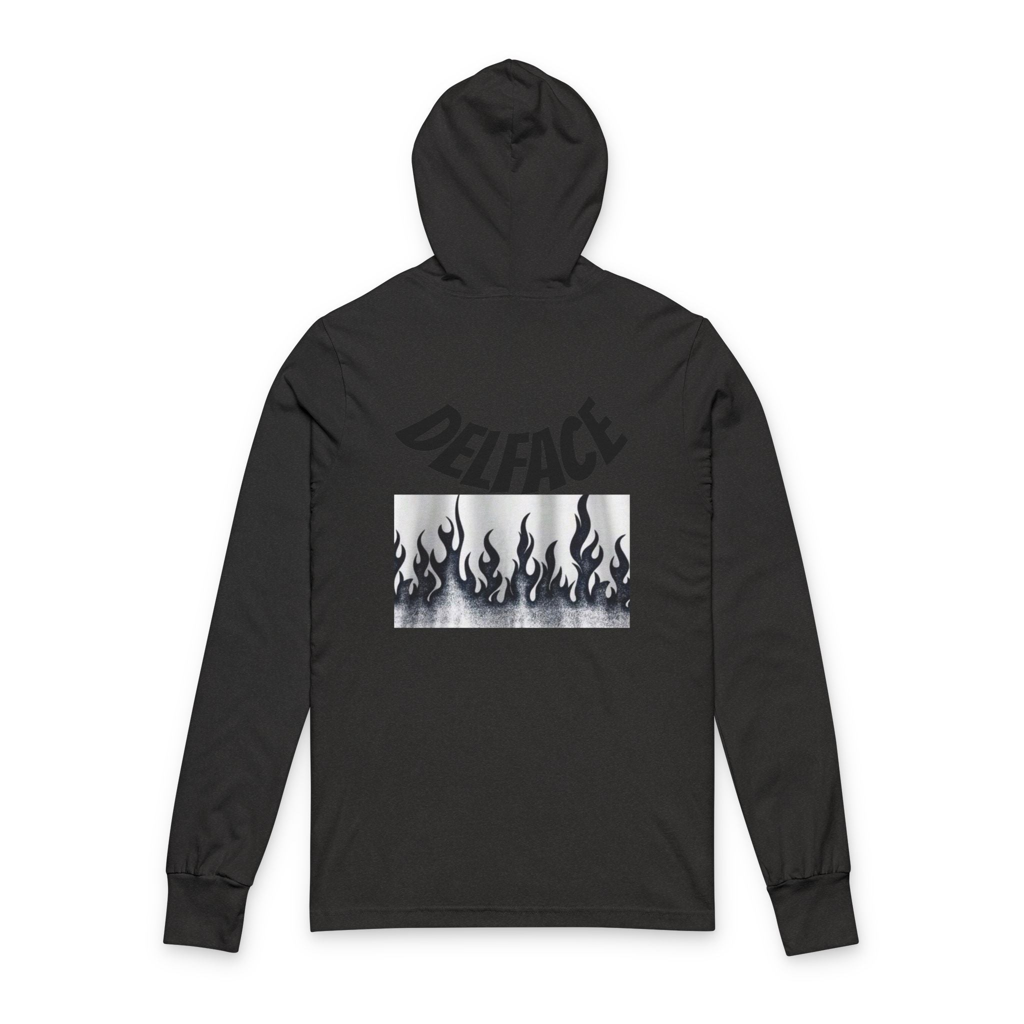 Chic Unisex DELFACE Hooded Tee - Trendy Graphic Long Sleeve, Casual Streetwear, Everyday Comfort, Unique Gift, Perfect for Festivals