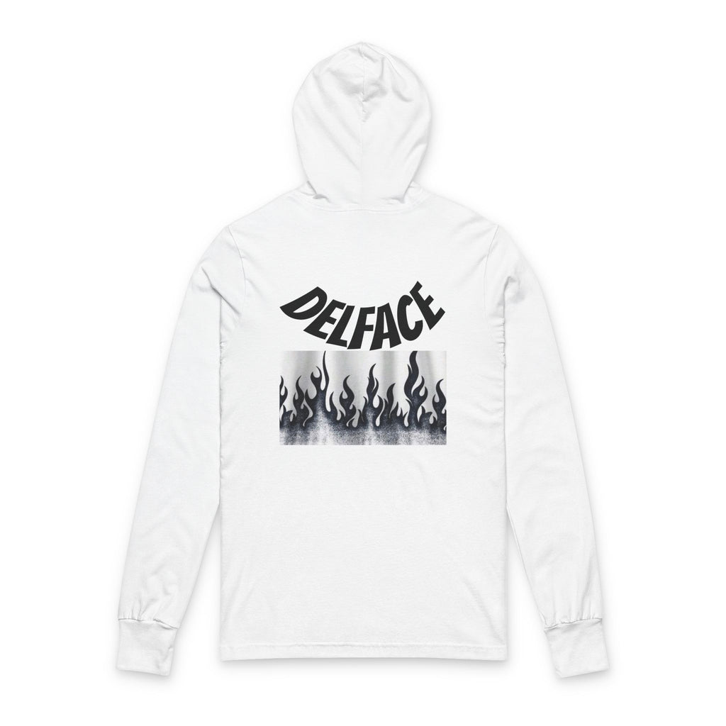 Chic Unisex DELFACE Hooded Tee - Trendy Graphic Long Sleeve, Casual Streetwear, Everyday Comfort, Unique Gift, Perfect for Festivals