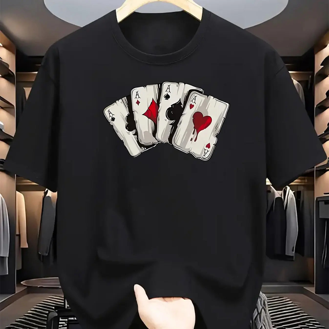 Summer men's 100% pure cotton poker card graphic print casual loose sports comfortable round neck short sleeved T-shirt top