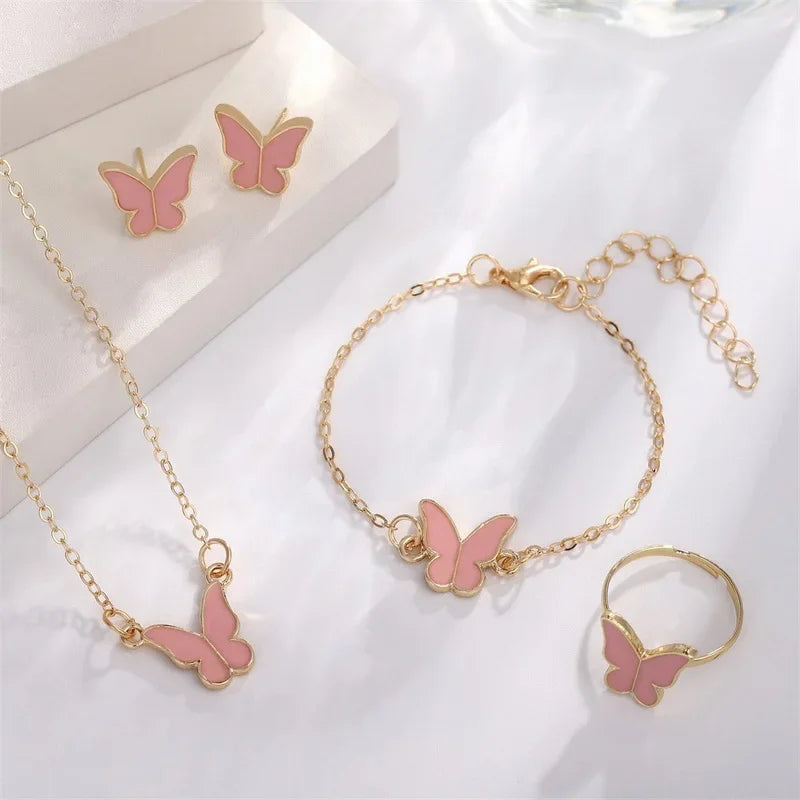 4Pcs/Set Fashion Butterfly Pendant Necklace Earrings Ring Bracelet Set For Women Engagement Wedding Jewelry Set Gift