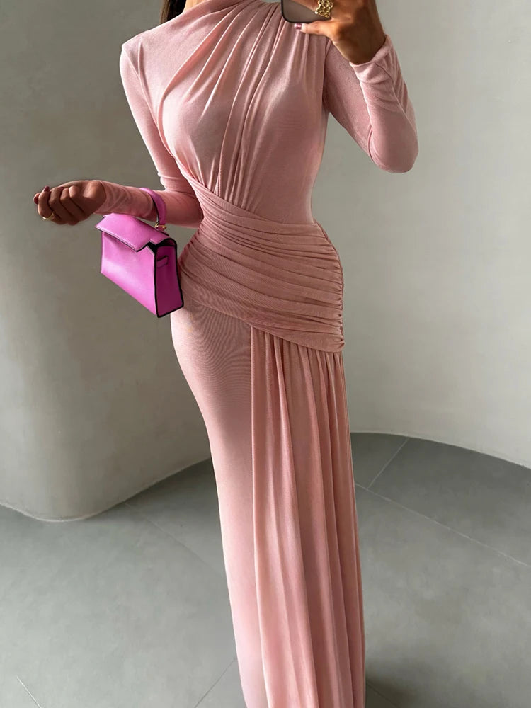 Sisterlinda Folds Maxi Dress Women o-Neck Full Sleeve Solid Banquet Elegant Vacation Fashion Autumn Skinny Casual Simple Vestido