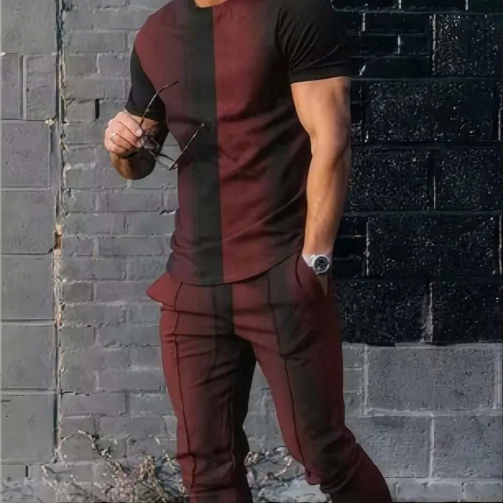 Summer fashion men's fashionable printed breathable comfortable round neck T-shirt and pants set outdoor comfortable casual set