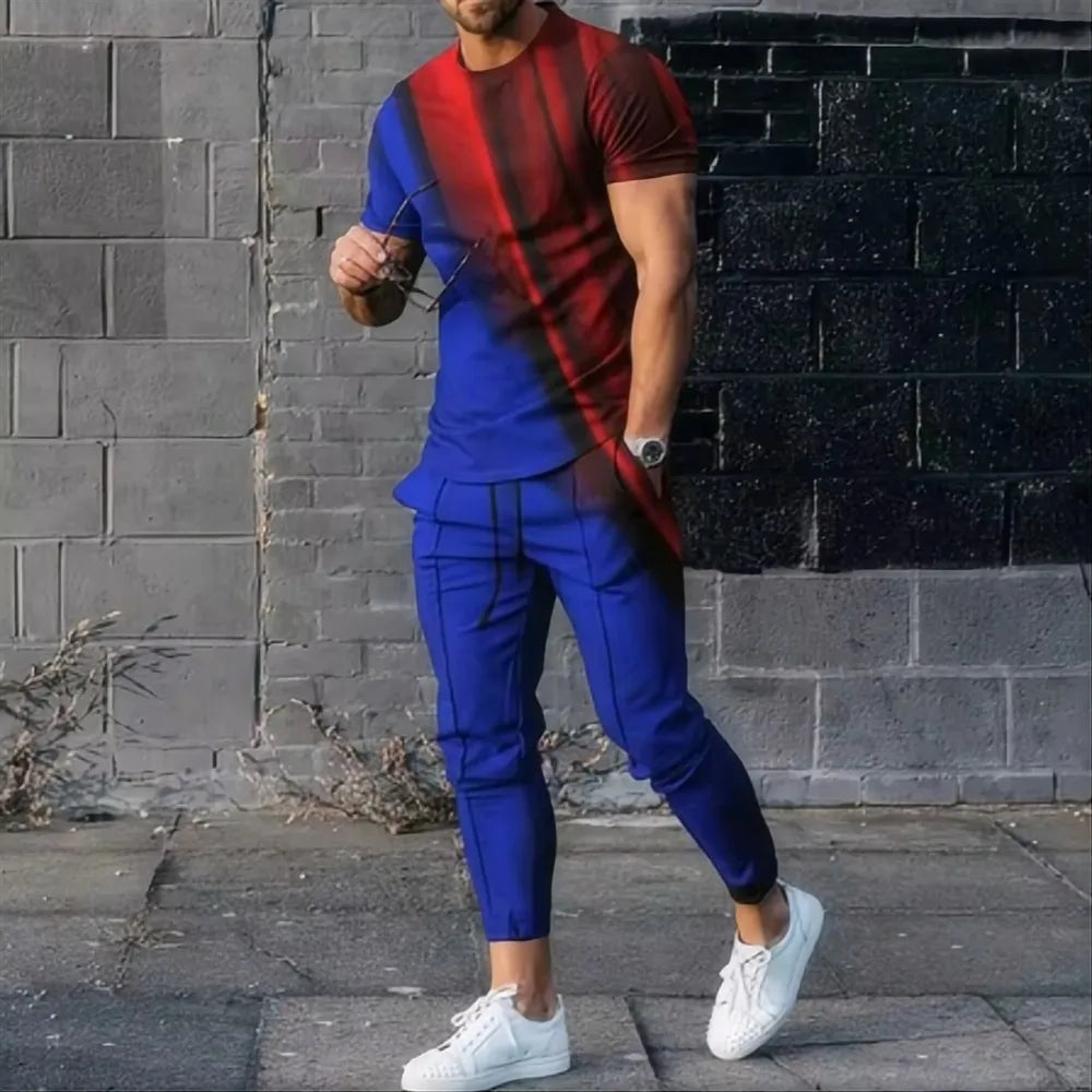 Summer fashion men's fashionable printed breathable comfortable round neck T-shirt and pants set outdoor comfortable casual set