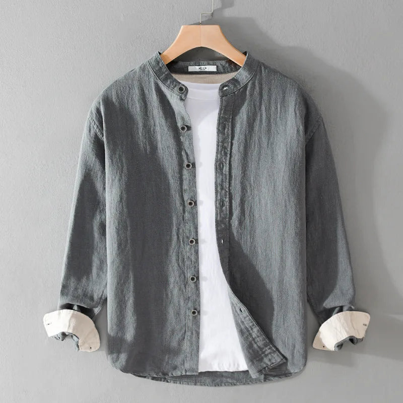 9896 High Quality Men Cotton Linen Casual Shirt Simple Solid Color Stand Collar Long Sleeve Basic Blouse Healthy Cozy Daily Tops
