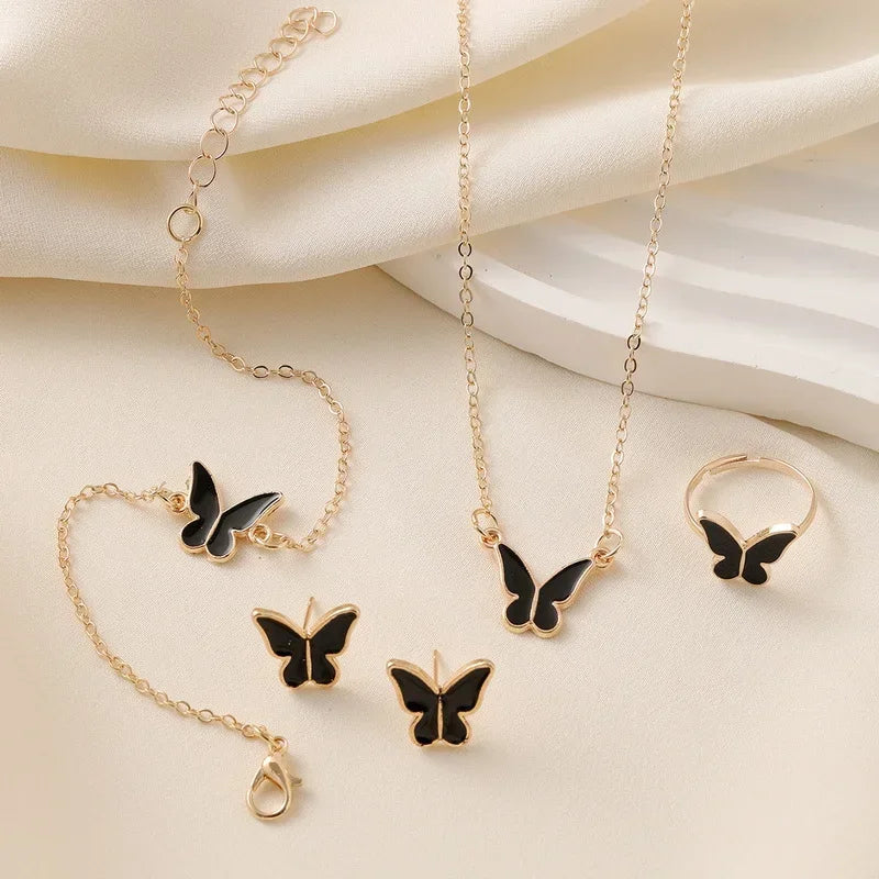 4Pcs/Set Fashion Butterfly Pendant Necklace Earrings Ring Bracelet Set For Women Engagement Wedding Jewelry Set Gift