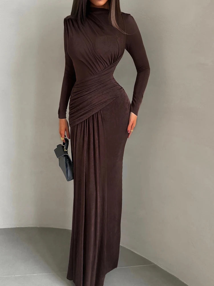 Sisterlinda Folds Maxi Dress Women o-Neck Full Sleeve Solid Banquet Elegant Vacation Fashion Autumn Skinny Casual Simple Vestido