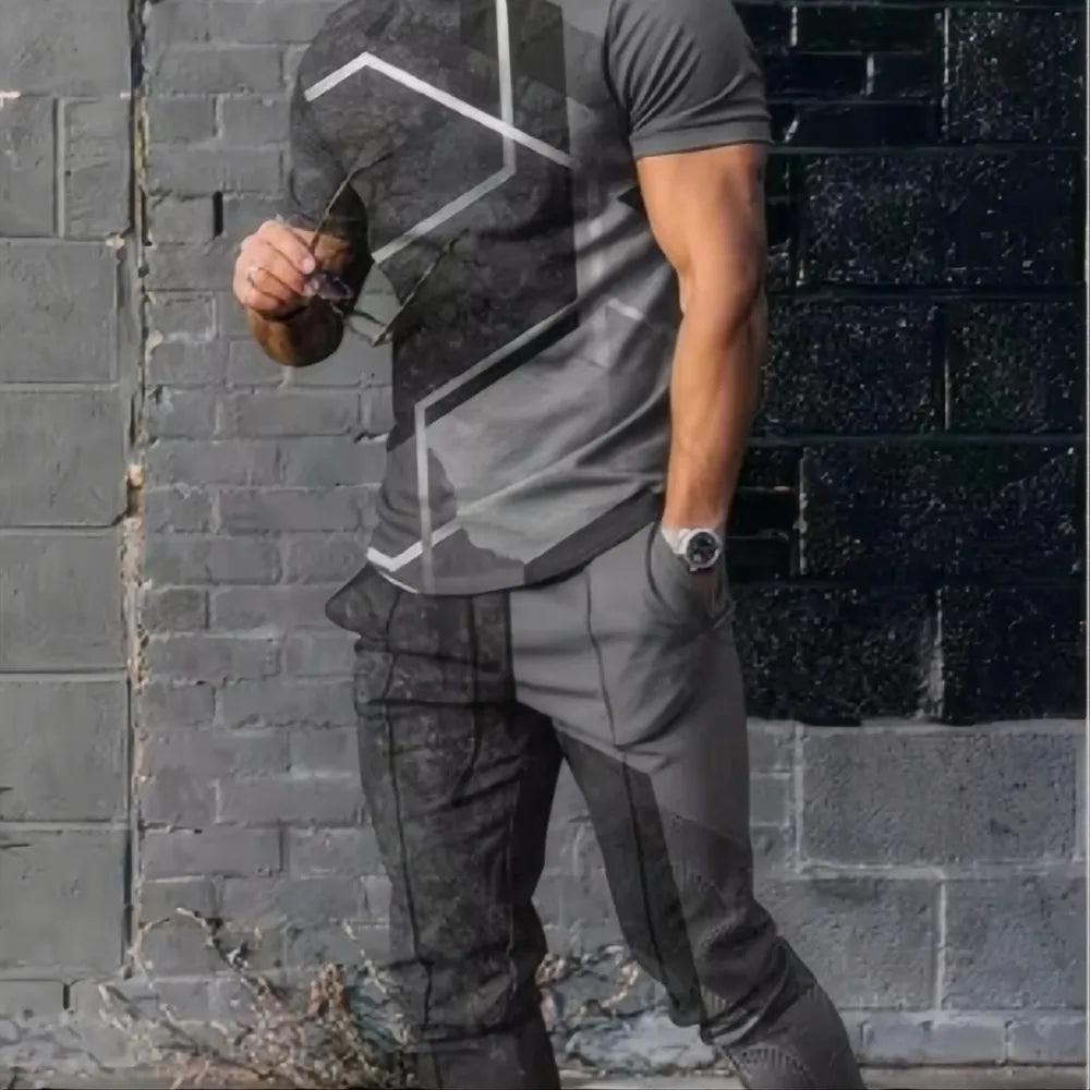 Summer fashion men's fashionable printed breathable comfortable round neck T-shirt and pants set outdoor comfortable casual set