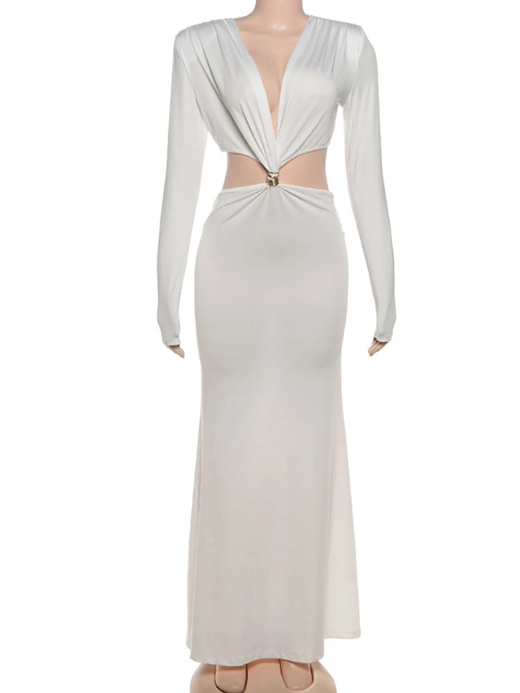 Weird Puss Waistless Elegant Dress Women Classic Full Sleeve Padded Bra Deep v-Neck Metal Buckle Hipster Simple Skinny Vestidos