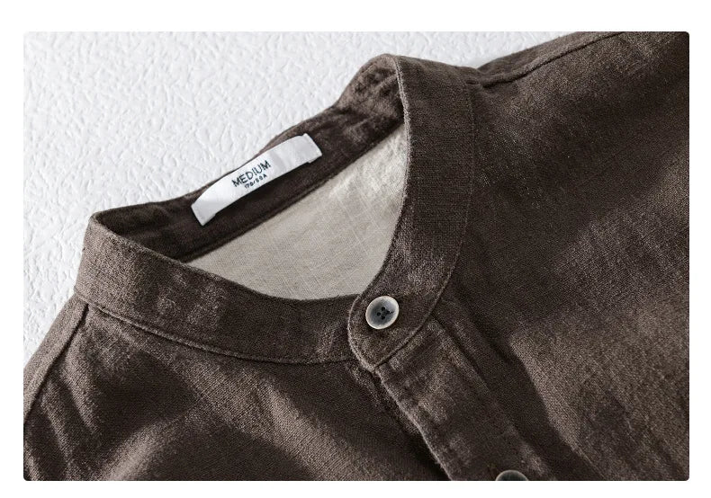 9896 High Quality Men Cotton Linen Casual Shirt Simple Solid Color Stand Collar Long Sleeve Basic Blouse Healthy Cozy Daily Tops