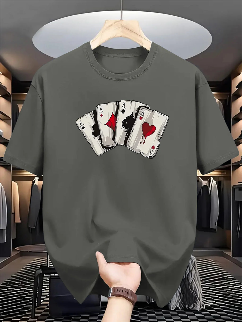 Summer men's 100% pure cotton poker card graphic print casual loose sports comfortable round neck short sleeved T-shirt top