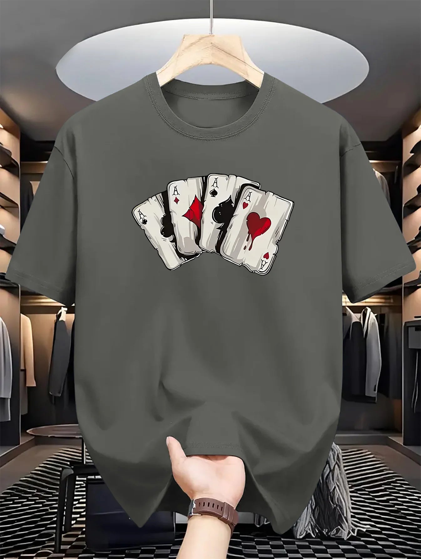 Summer men's 100% pure cotton poker card graphic print casual loose sports comfortable round neck short sleeved T-shirt top