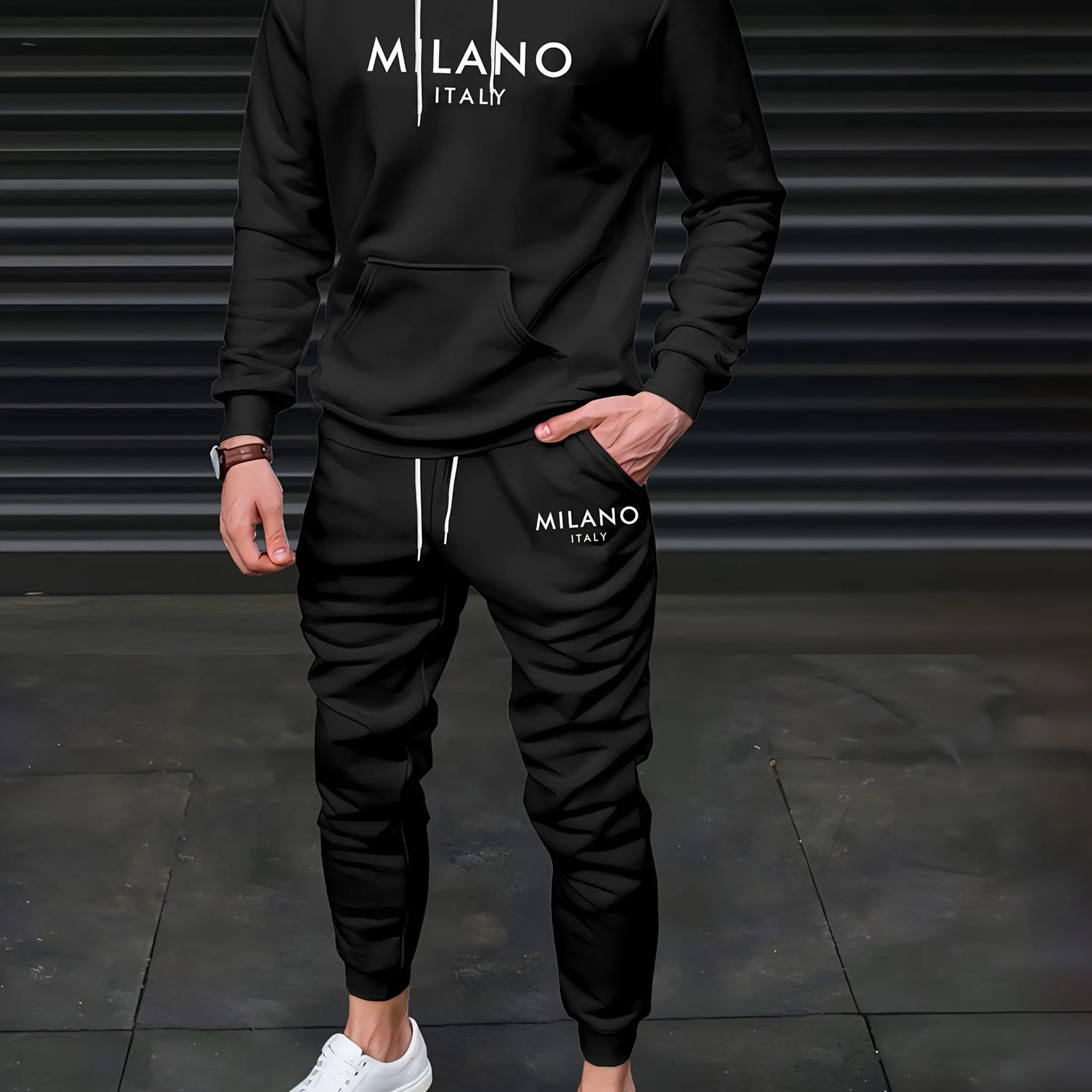 Men's Autumn/Winter Casual Warm MILANO ITALY Letter Printed Loose Thick Velvet Sports Hoodie+Sweatpants Set
