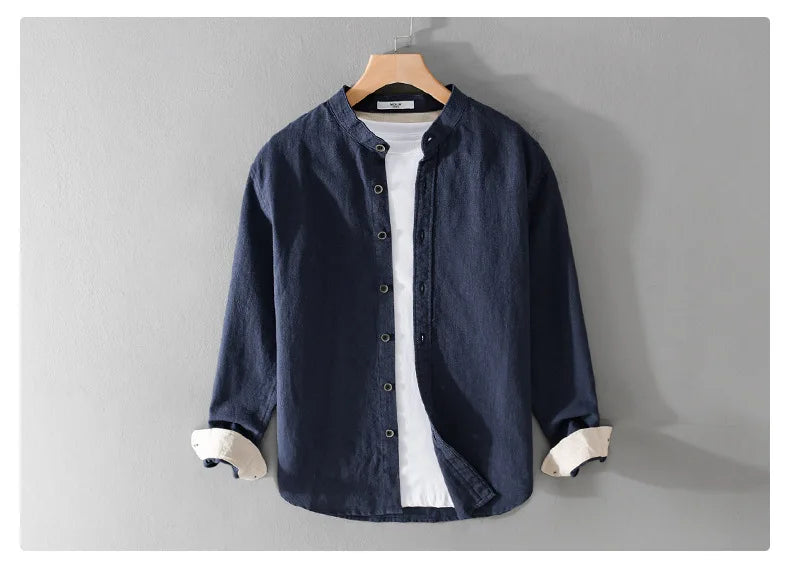 9896 High Quality Men Cotton Linen Casual Shirt Simple Solid Color Stand Collar Long Sleeve Basic Blouse Healthy Cozy Daily Tops
