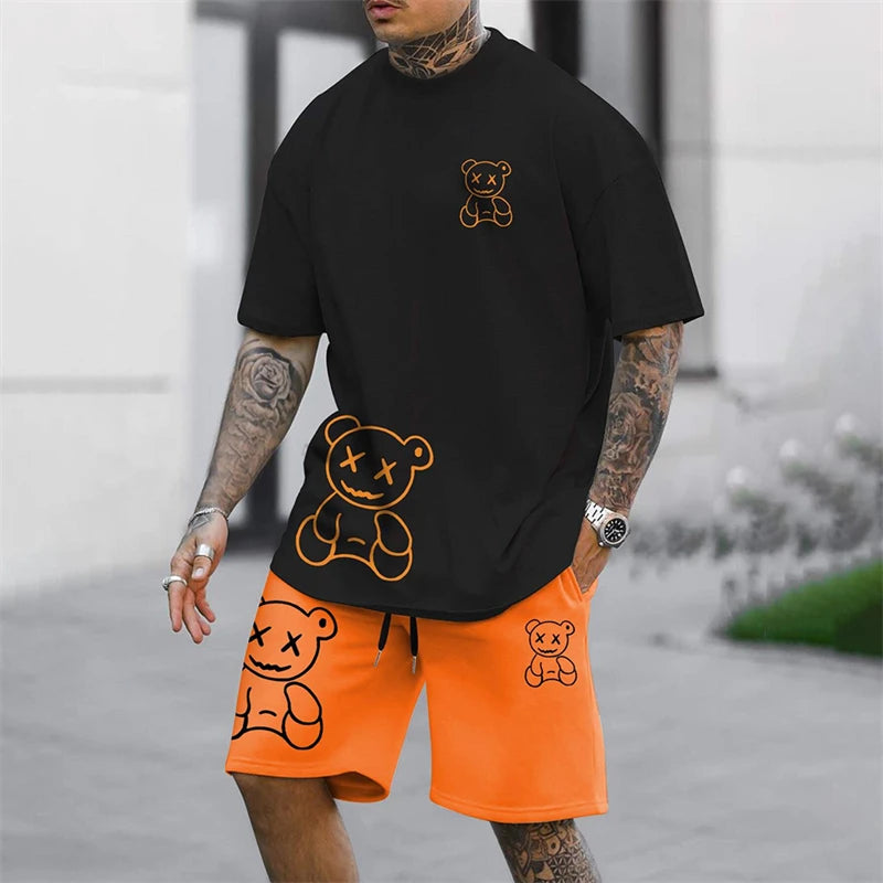 Fun Bear Harajuku T-Shirt Men's Summer Loose Daily Couple Suit Outdoor Street Short Sleeve Shorts Two Piece Men Summer Suit