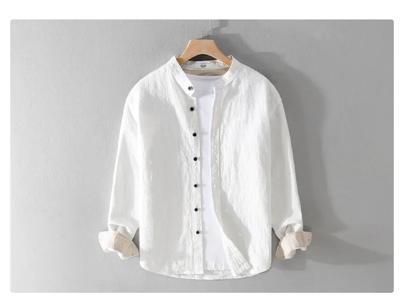 9896 High Quality Men Cotton Linen Casual Shirt Simple Solid Color Stand Collar Long Sleeve Basic Blouse Healthy Cozy Daily Tops