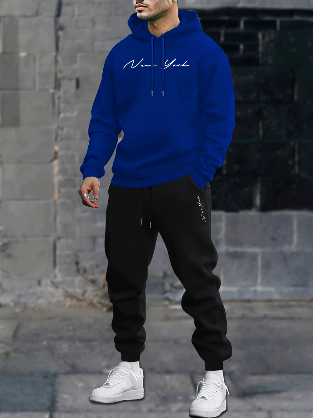 Men's printed hooded sweatshirt and pants set, new winter/spring edition of casual sportswear and lace-up casual pants