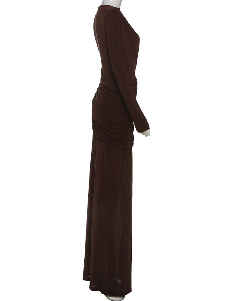 Sisterlinda Folds Maxi Dress Women o-Neck Full Sleeve Solid Banquet Elegant Vacation Fashion Autumn Skinny Casual Simple Vestido