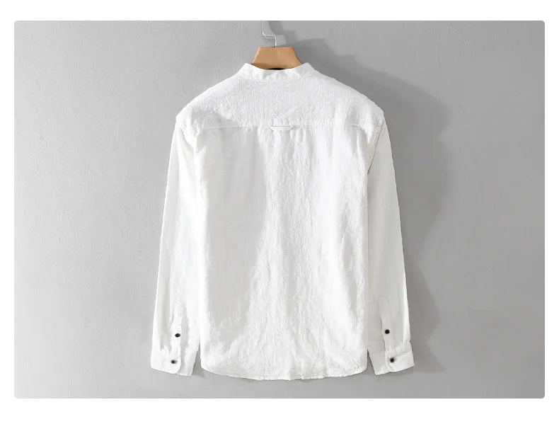 9896 High Quality Men Cotton Linen Casual Shirt Simple Solid Color Stand Collar Long Sleeve Basic Blouse Healthy Cozy Daily Tops