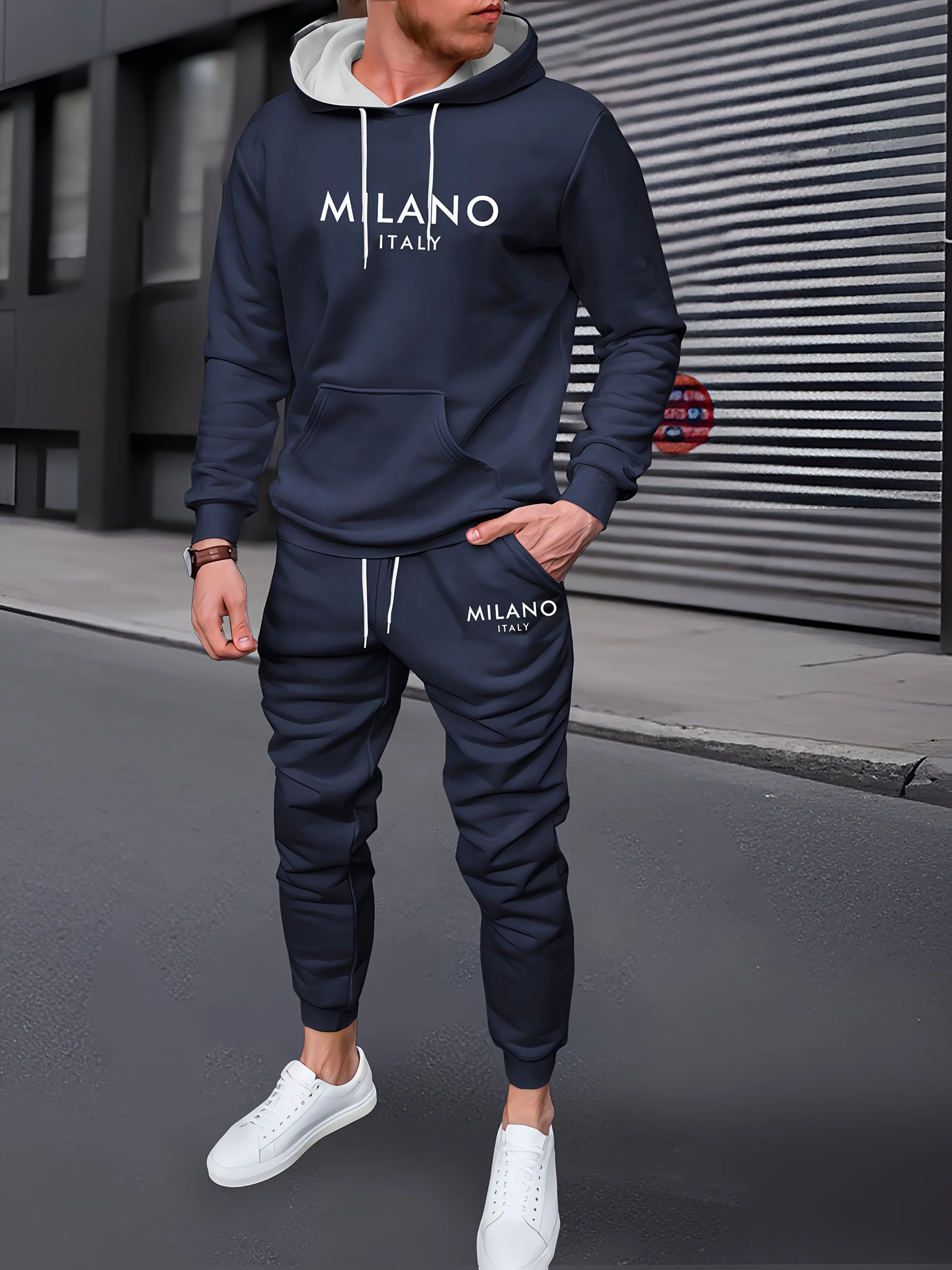 Men's Autumn/Winter Casual Warm MILANO ITALY Letter Printed Loose Thick Velvet Sports Hoodie+Sweatpants Set
