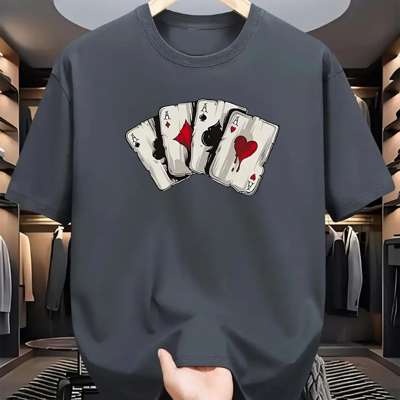 Summer men's 100% pure cotton poker card graphic print casual loose sports comfortable round neck short sleeved T-shirt top