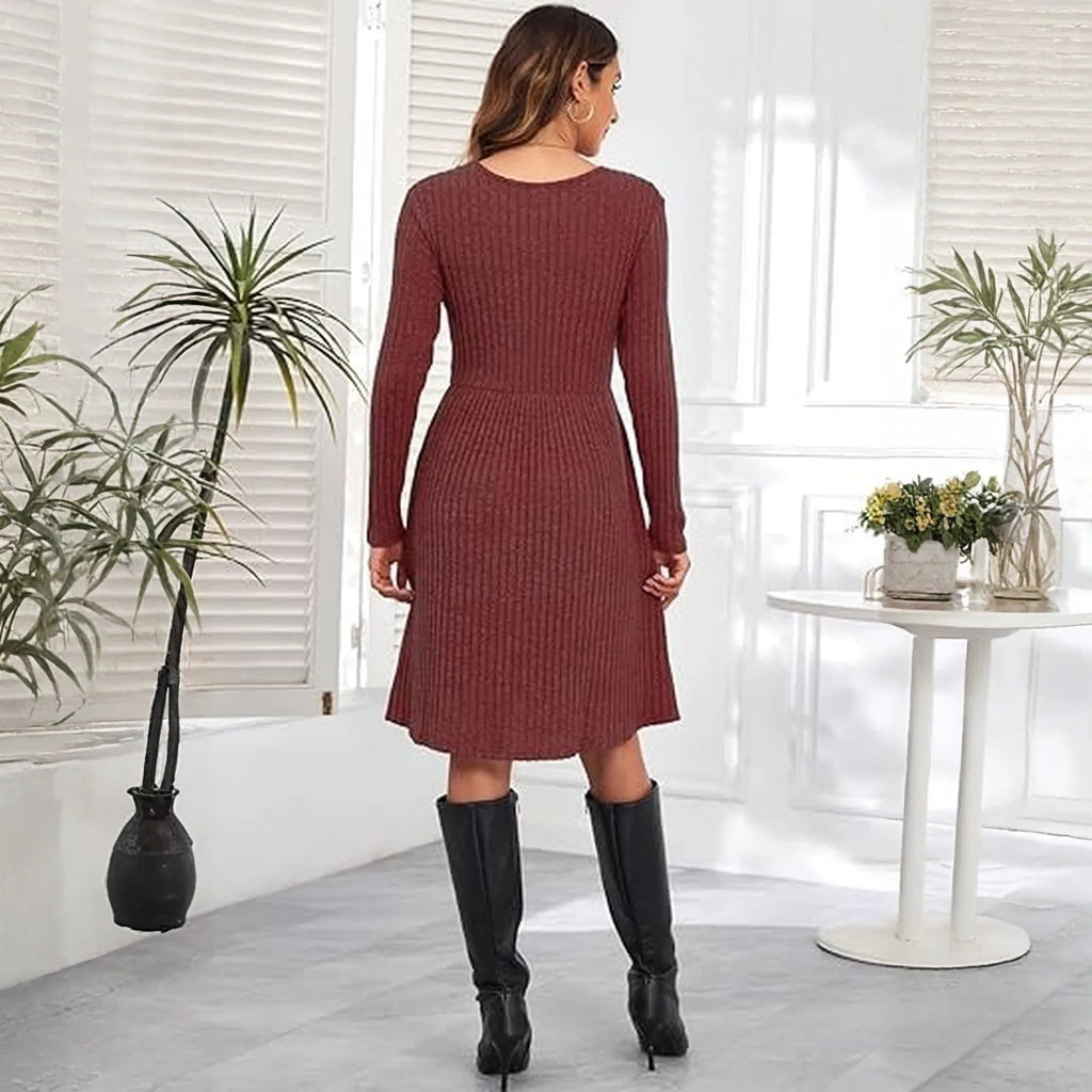 Autumn Women's Fashionable Mid-length Knitted Dress Solid-Color Round Neck Long Sleeve A-line Dress Casual Knee-length Dresses