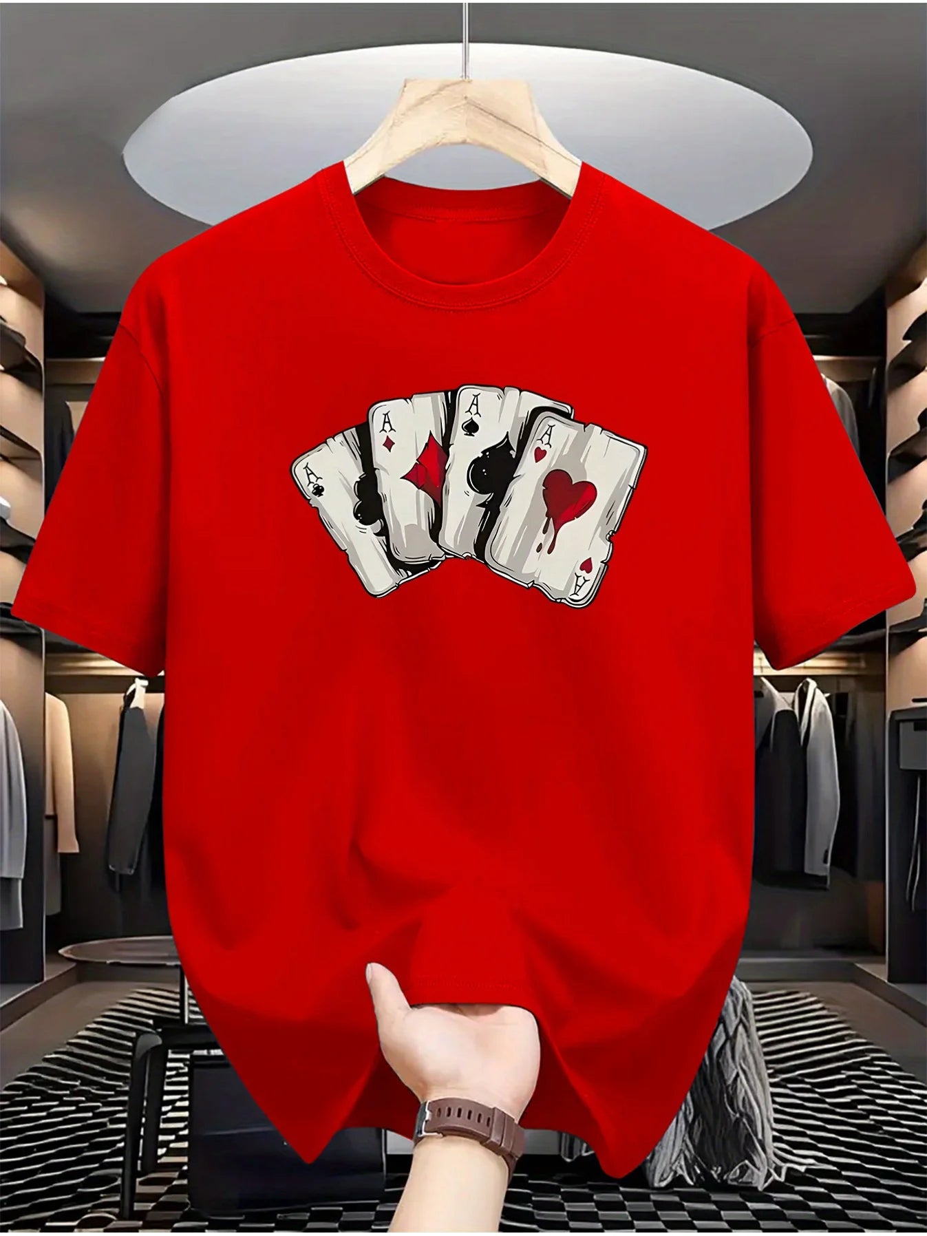 Summer men's 100% pure cotton poker card graphic print casual loose sports comfortable round neck short sleeved T-shirt top