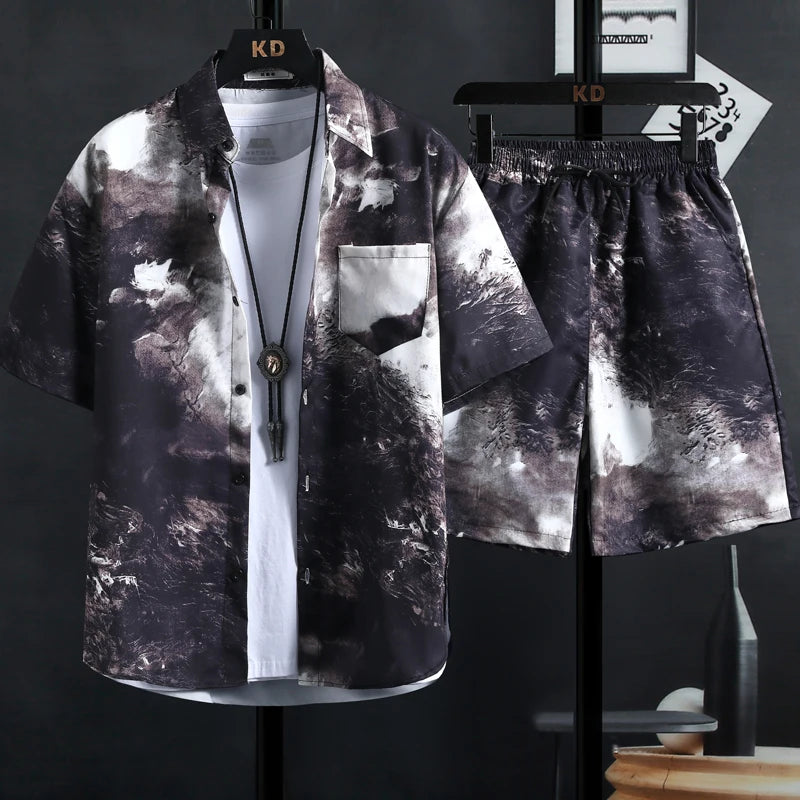 【M-3XL】New men's printed shirt sets,high quality fashion trend shorts,Hawaiian style casual floral tops, INS HOT men's and wom