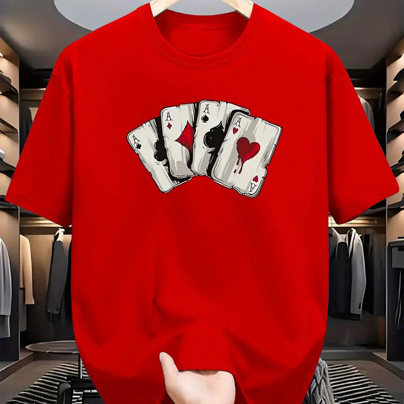 Summer men's 100% pure cotton poker card graphic print casual loose sports comfortable round neck short sleeved T-shirt top