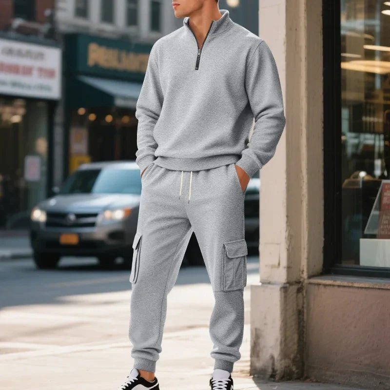 Men's Long-Sleeved Fleece Sweatshirt Suit Stand-up Collar Zipper American Men's Clothing Autumn Winter New 1/2pieces