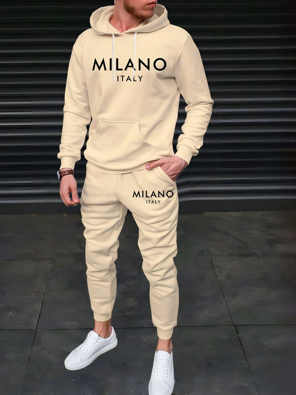 Men's Autumn/Winter Casual Warm MILANO ITALY Letter Printed Loose Thick Velvet Sports Hoodie+Sweatpants Set