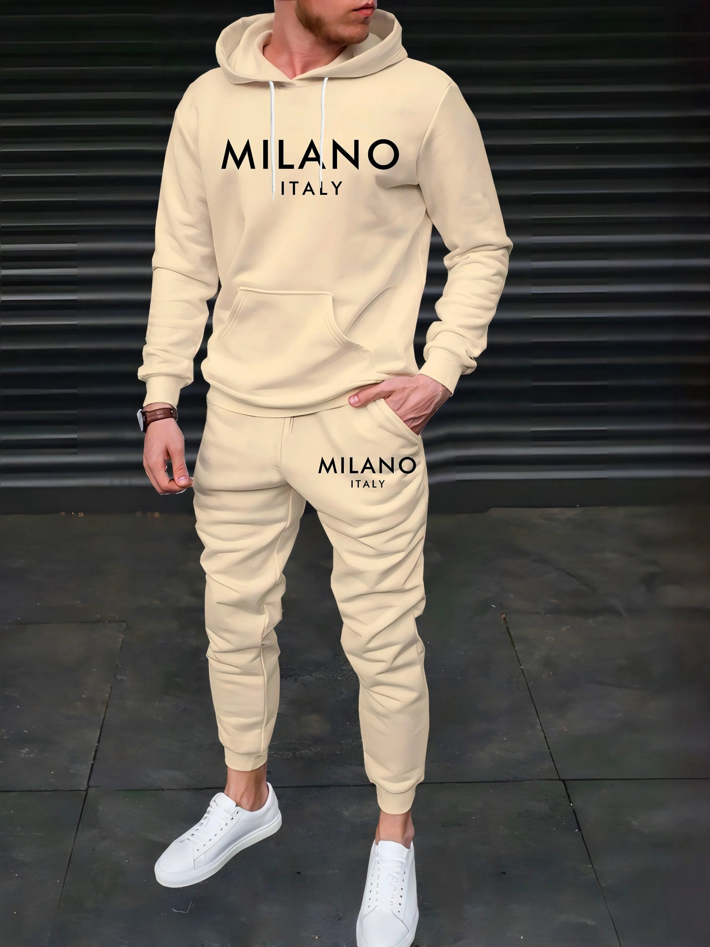 Men's Autumn/Winter Casual Warm MILANO ITALY Letter Printed Loose Thick Velvet Sports Hoodie+Sweatpants Set
