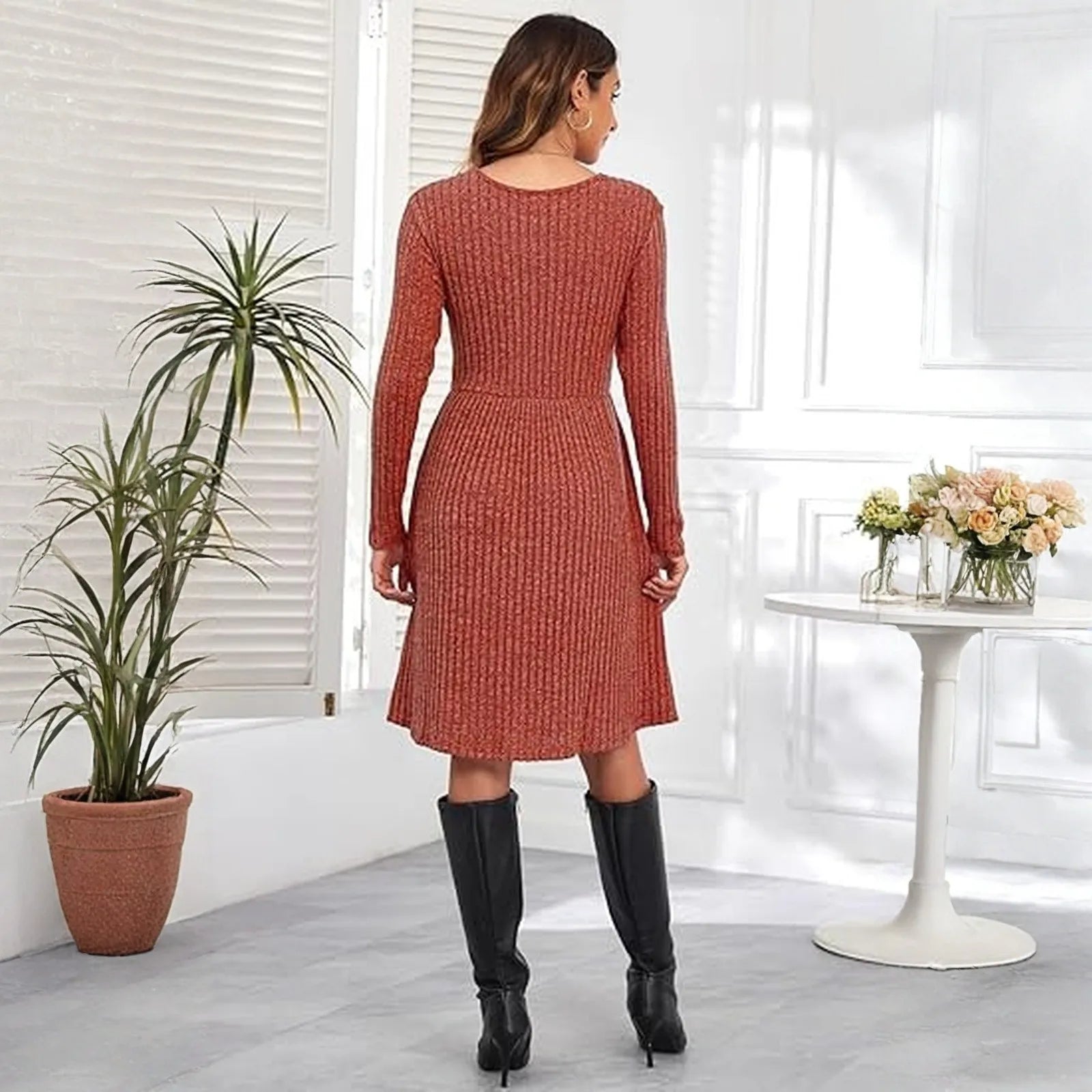 Autumn Women's Fashionable Mid-length Knitted Dress Solid-Color Round Neck Long Sleeve A-line Dress Casual Knee-length Dresses