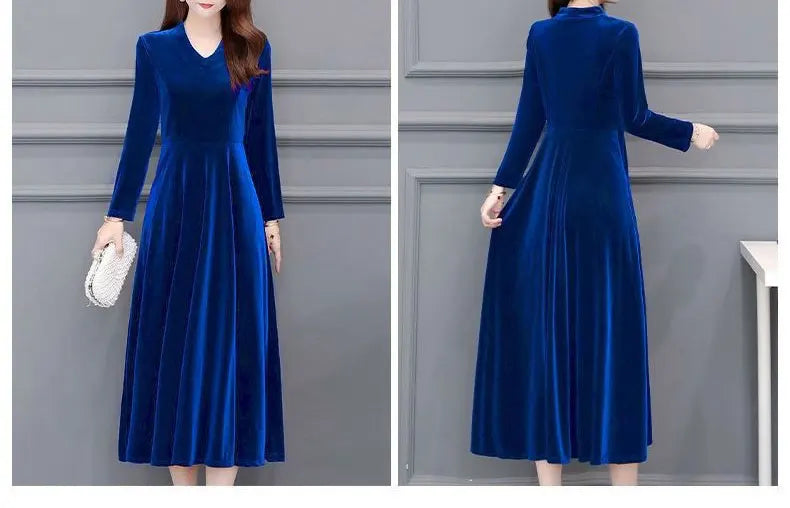 Women's Clothing Solid Color Velvet Dresses Elegant V-Neck Spring Autumn Long Sleeve All-match Casual A-Line Waist Long Dress