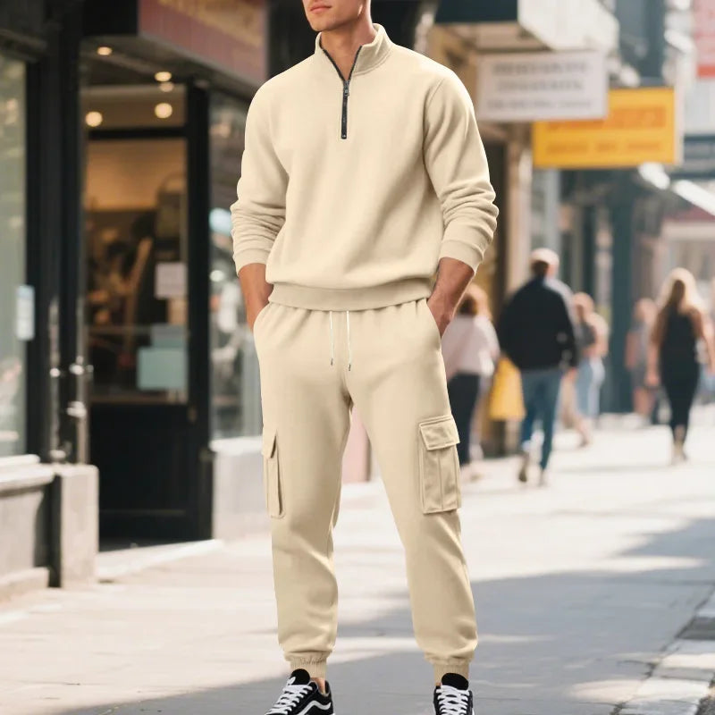 Men's Long-Sleeved Fleece Sweatshirt Suit Stand-up Collar Zipper American Men's Clothing Autumn Winter New 1/2pieces