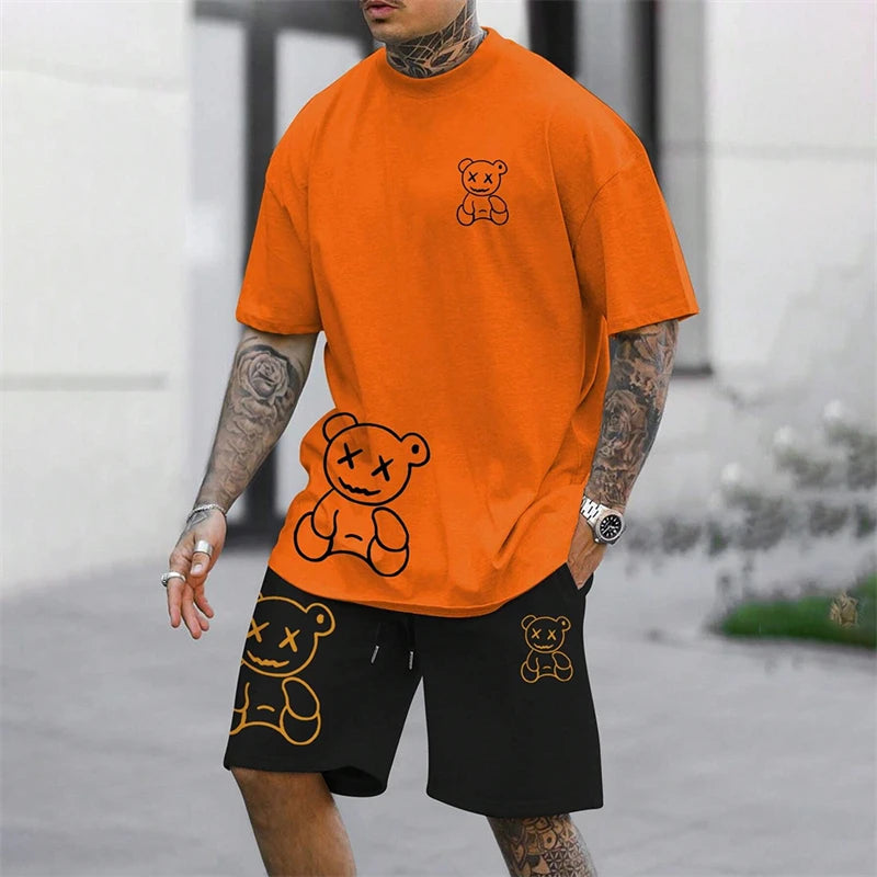 Fun Bear Harajuku T-Shirt Men's Summer Loose Daily Couple Suit Outdoor Street Short Sleeve Shorts Two Piece Men Summer Suit