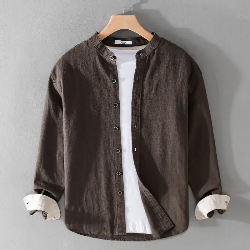 9896 High Quality Men Cotton Linen Casual Shirt Simple Solid Color Stand Collar Long Sleeve Basic Blouse Healthy Cozy Daily Tops