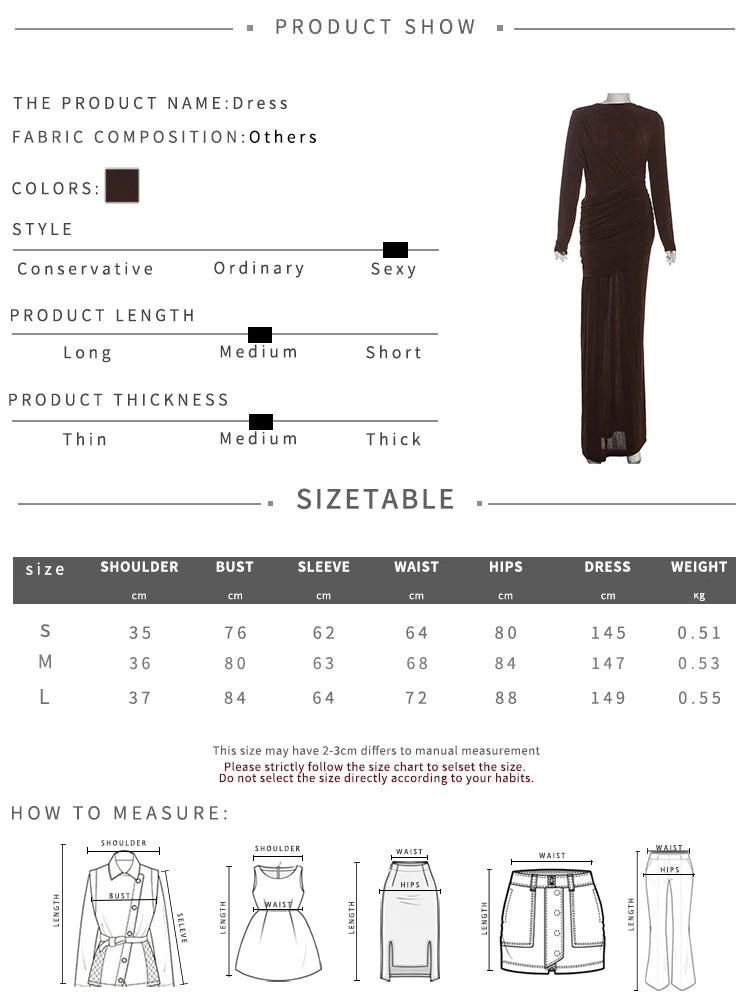 Sisterlinda Folds Maxi Dress Women o-Neck Full Sleeve Solid Banquet Elegant Vacation Fashion Autumn Skinny Casual Simple Vestido