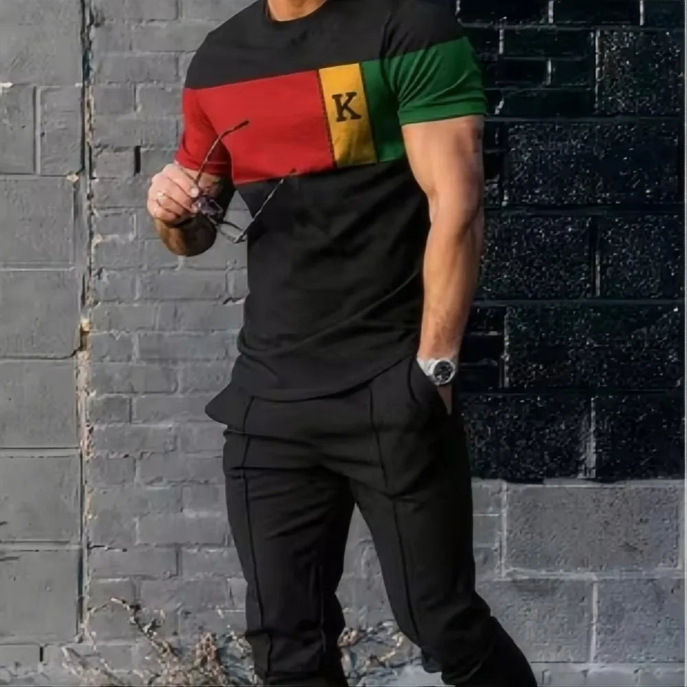 Summer fashion men's fashionable printed breathable comfortable round neck T-shirt and pants set outdoor comfortable casual set