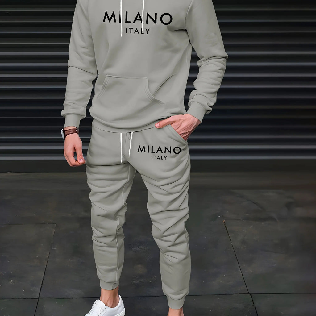 Men's Autumn/Winter Casual Warm MILANO ITALY Letter Printed Loose Thick Velvet Sports Hoodie+Sweatpants Set