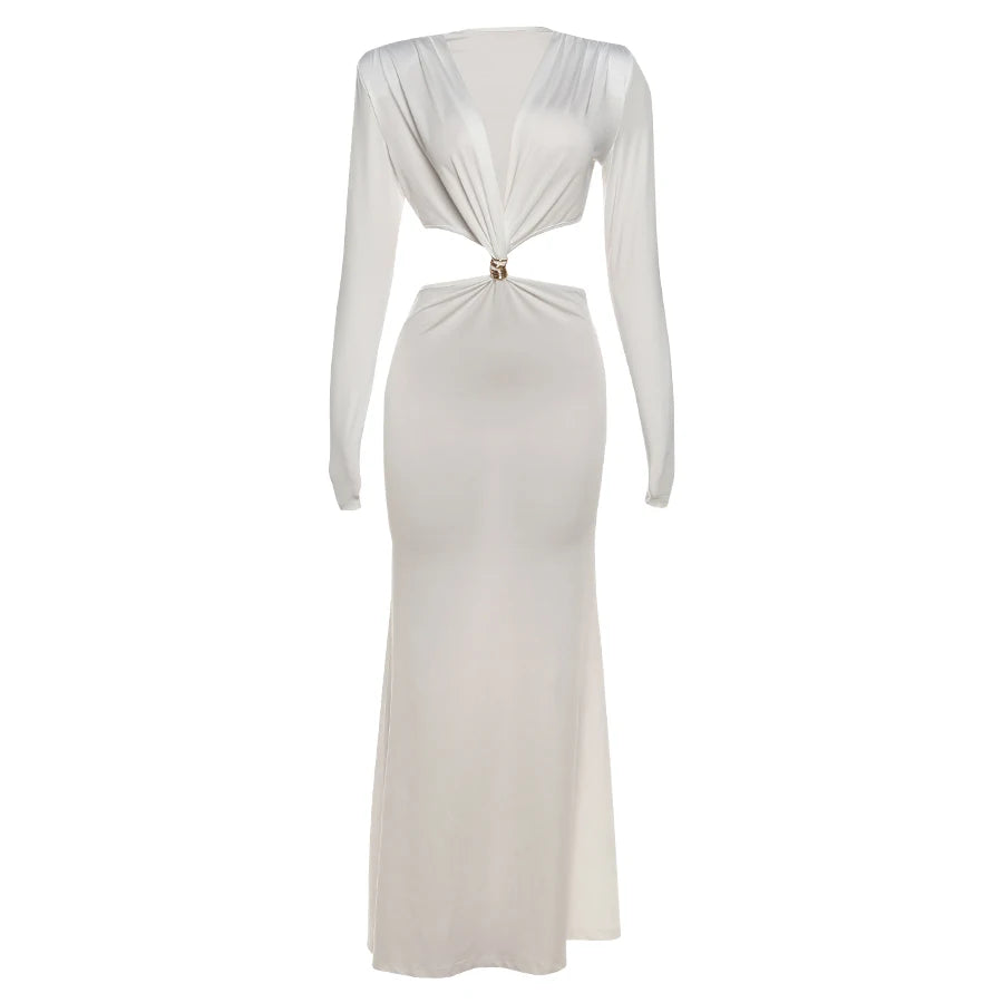 Weird Puss Waistless Elegant Dress Women Classic Full Sleeve Padded Bra Deep v-Neck Metal Buckle Hipster Simple Skinny Vestidos