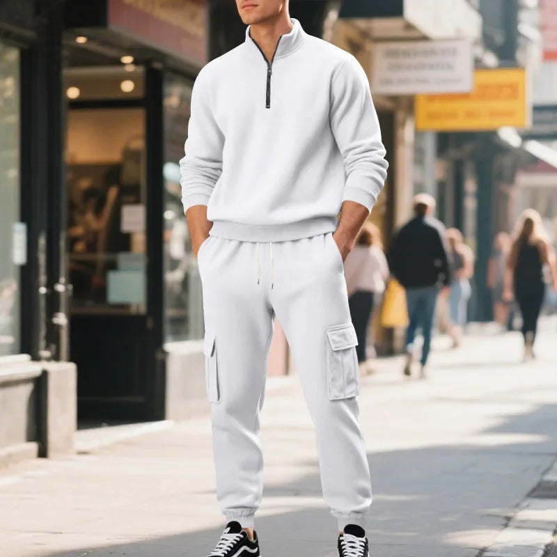 Men's Long-Sleeved Fleece Sweatshirt Suit Stand-up Collar Zipper American Men's Clothing Autumn Winter New 1/2pieces