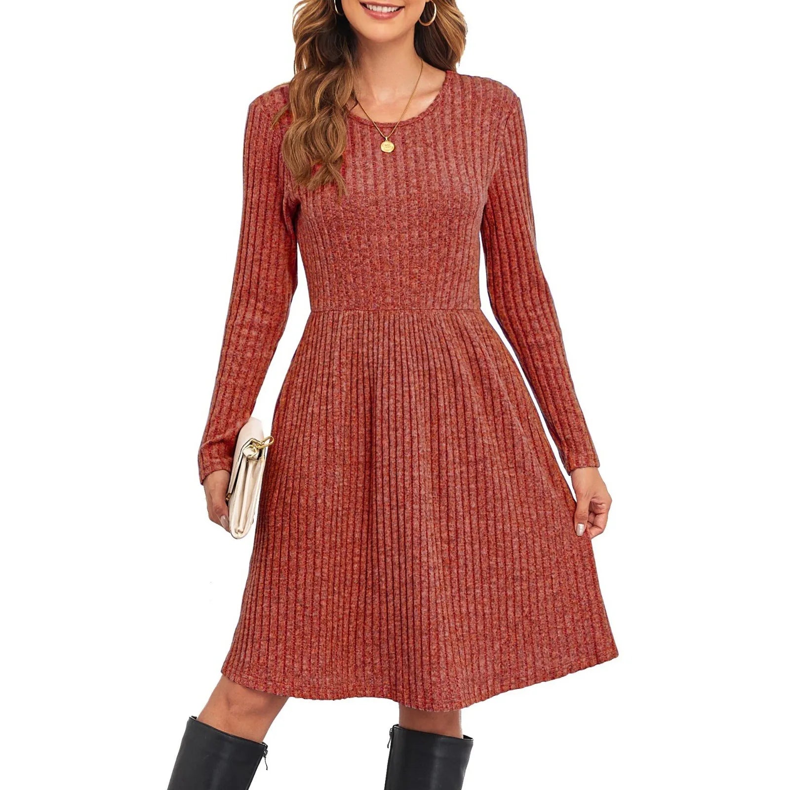 Autumn Women's Fashionable Mid-length Knitted Dress Solid-Color Round Neck Long Sleeve A-line Dress Casual Knee-length Dresses