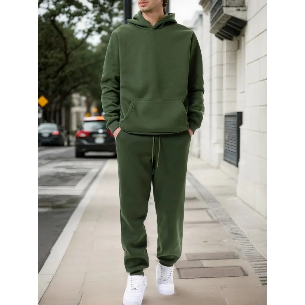 Sudadera con capucha de Color sólido para hombre conjunto de dos piezas con pantalones para correr ropa deportiva informal para