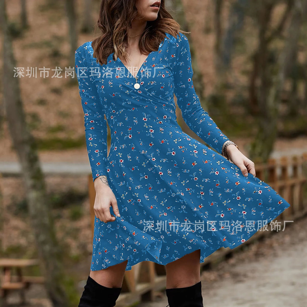 Autumn Floral Dress Women's Long-sleeved Sexy V-neck Pullover Dress Temperament Commuting Long Dress