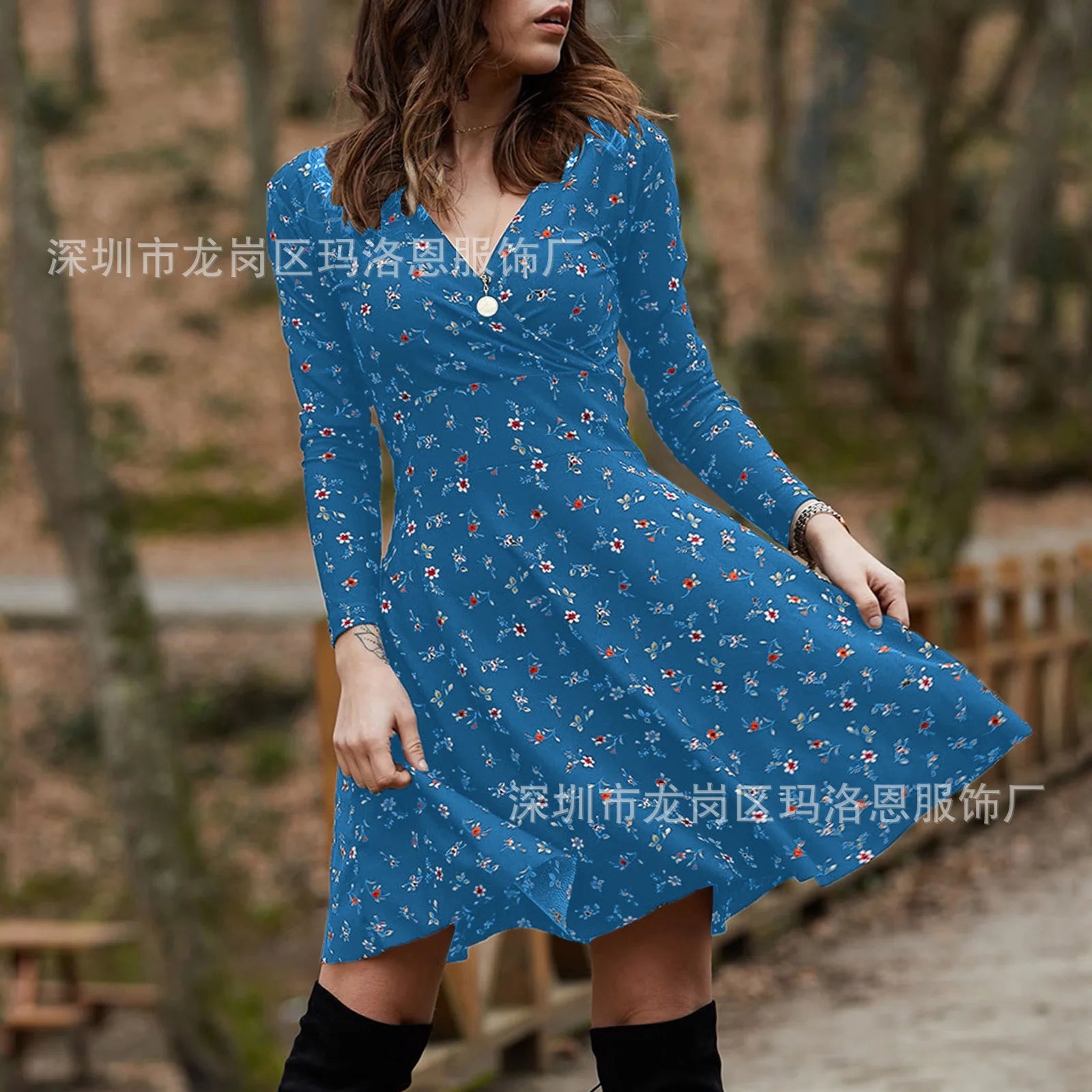 Autumn Floral Dress Women's Long-sleeved Sexy V-neck Pullover Dress Temperament Commuting Long Dress