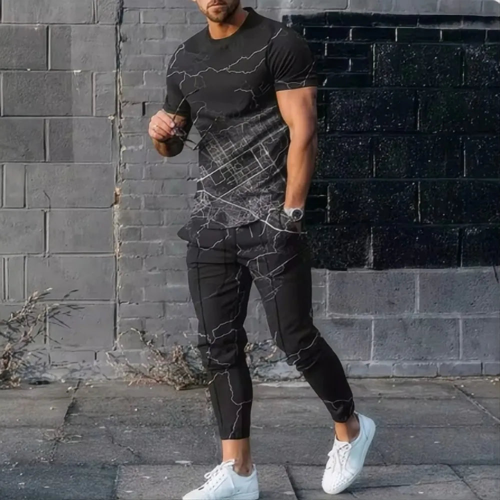 Summer fashion men's fashionable printed breathable comfortable round neck T-shirt and pants set outdoor comfortable casual set