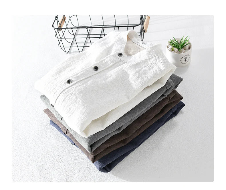 9896 High Quality Men Cotton Linen Casual Shirt Simple Solid Color Stand Collar Long Sleeve Basic Blouse Healthy Cozy Daily Tops