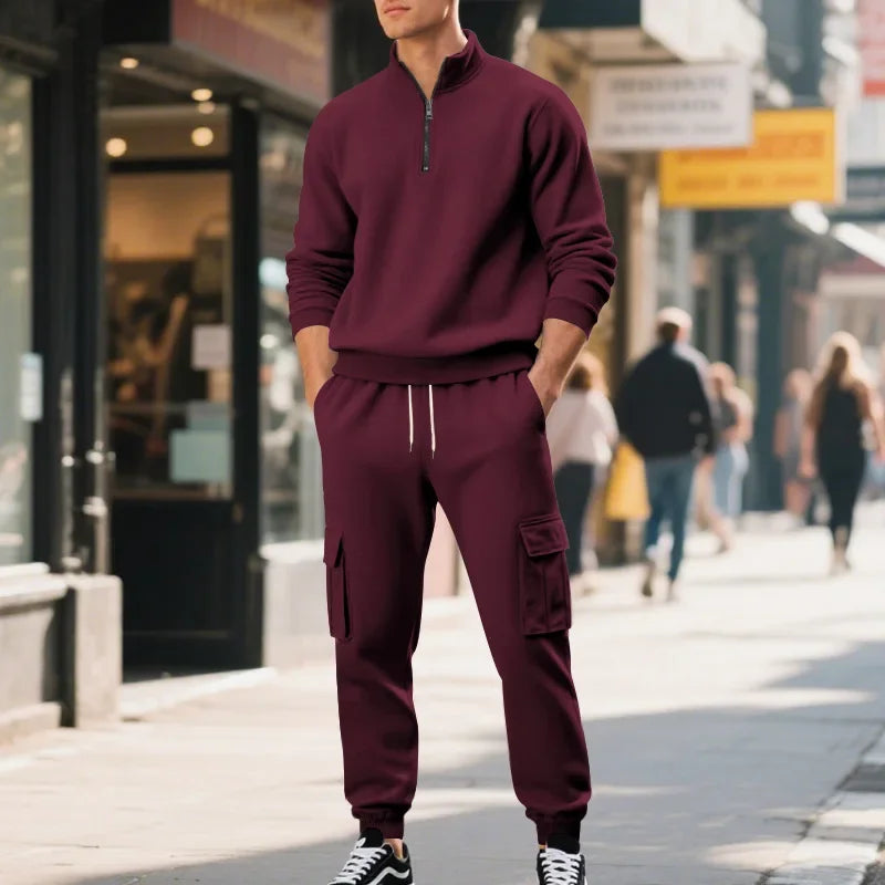 Men's Long-Sleeved Fleece Sweatshirt Suit Stand-up Collar Zipper American Men's Clothing Autumn Winter New 1/2pieces